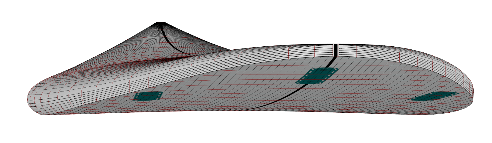 Breno’s surfboard design viewed from the rear, showing the rocker, rails, bottom contours and wireframe mesh